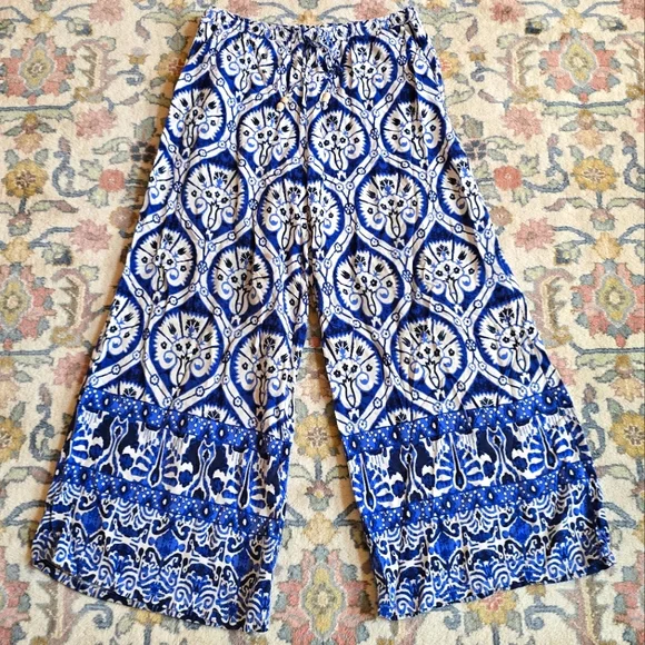 Haute Hippie Blue And White Mosiac Palazzo Wide-Leg Pants Women's L - Picture 1 of 10